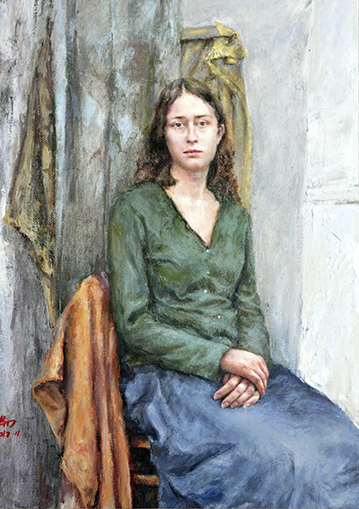 张丹阳作品4《穿绿装的女模特》60x80cm 布面油画 2017年